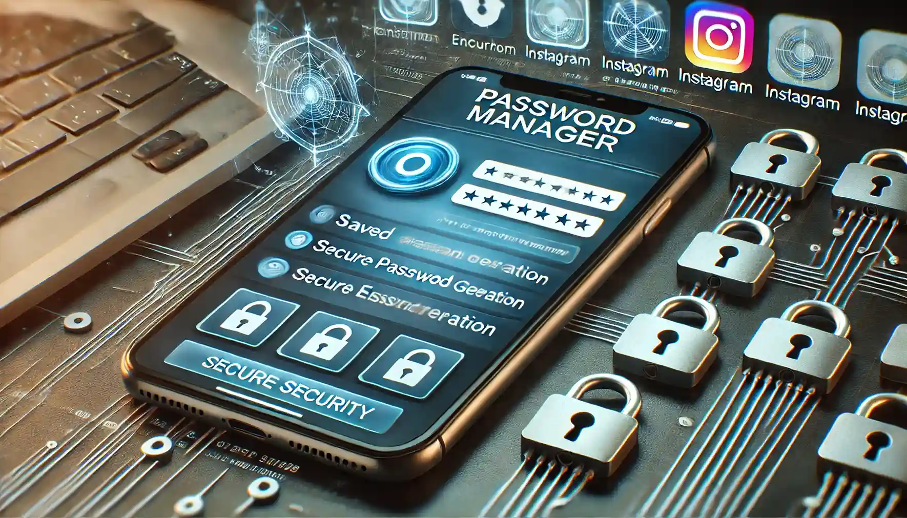 DALL·E 2024 10 24 20.32.56 A sleek interface of a password manager app open on a screen showing saved Instagram login credentials secure password generation and encryption fe 1